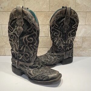 Corral C3484 Womens Glitter Inlay Studded Leather Cowboy Boots Black Silver 7M